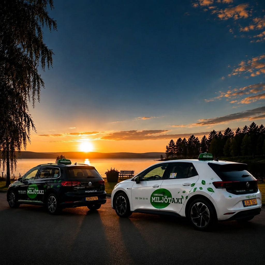 Två av MiljöTaxis egna bilar vid vattnet i Sundsvall